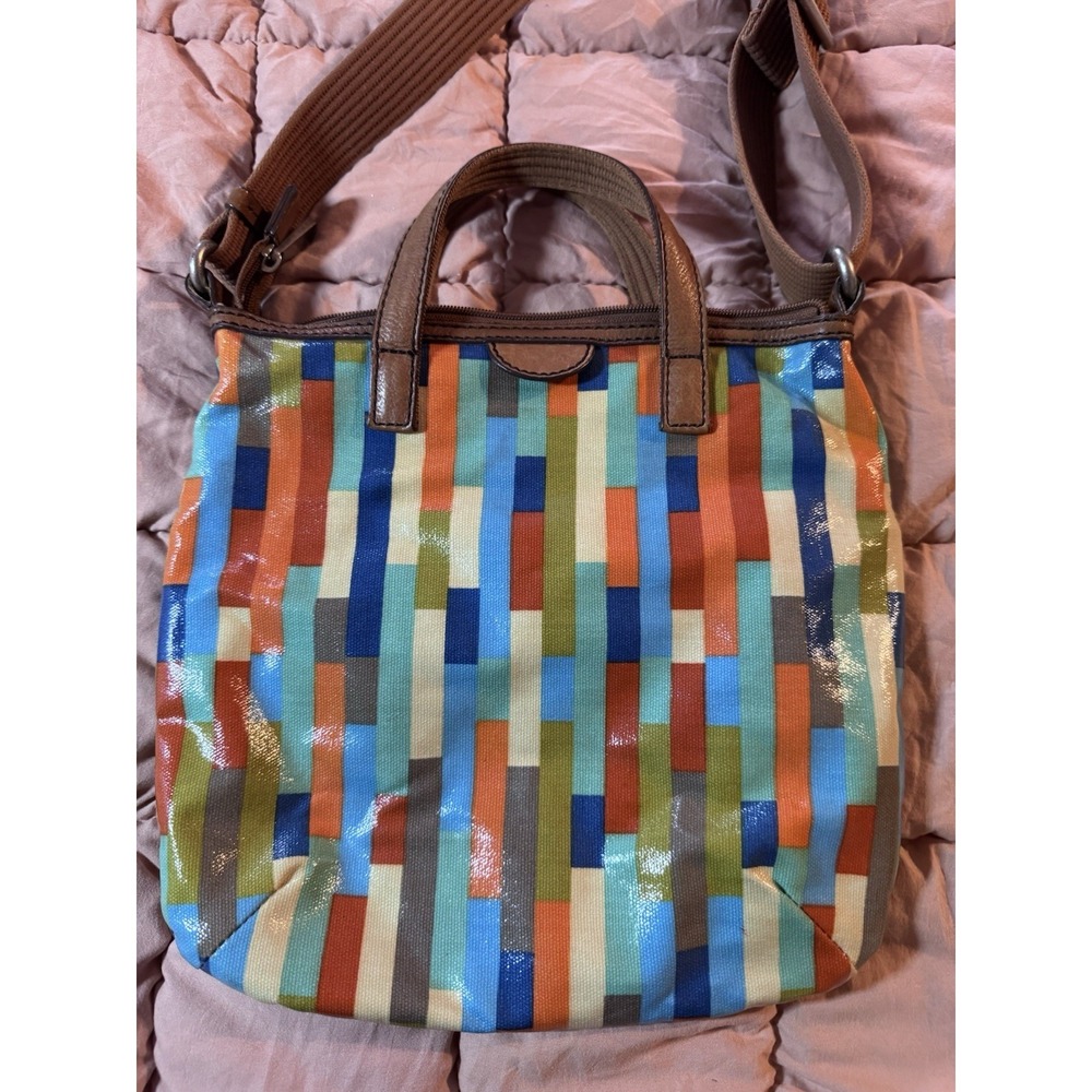 Fossil Crossbody Bag Calypso Key-Per Purse Multi Color Block Coated Canvas Brown - Picture 2 of 16